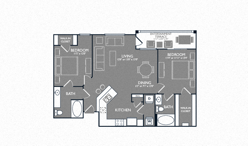 Floor plan for 2 beds, 2 baths, 1045 sqft